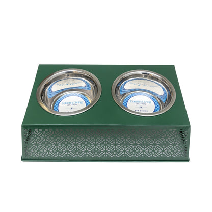 Country Living Southern Style Dark Green Metal Country Feeder - 2 Stainless Steel Bowls - 32oz each