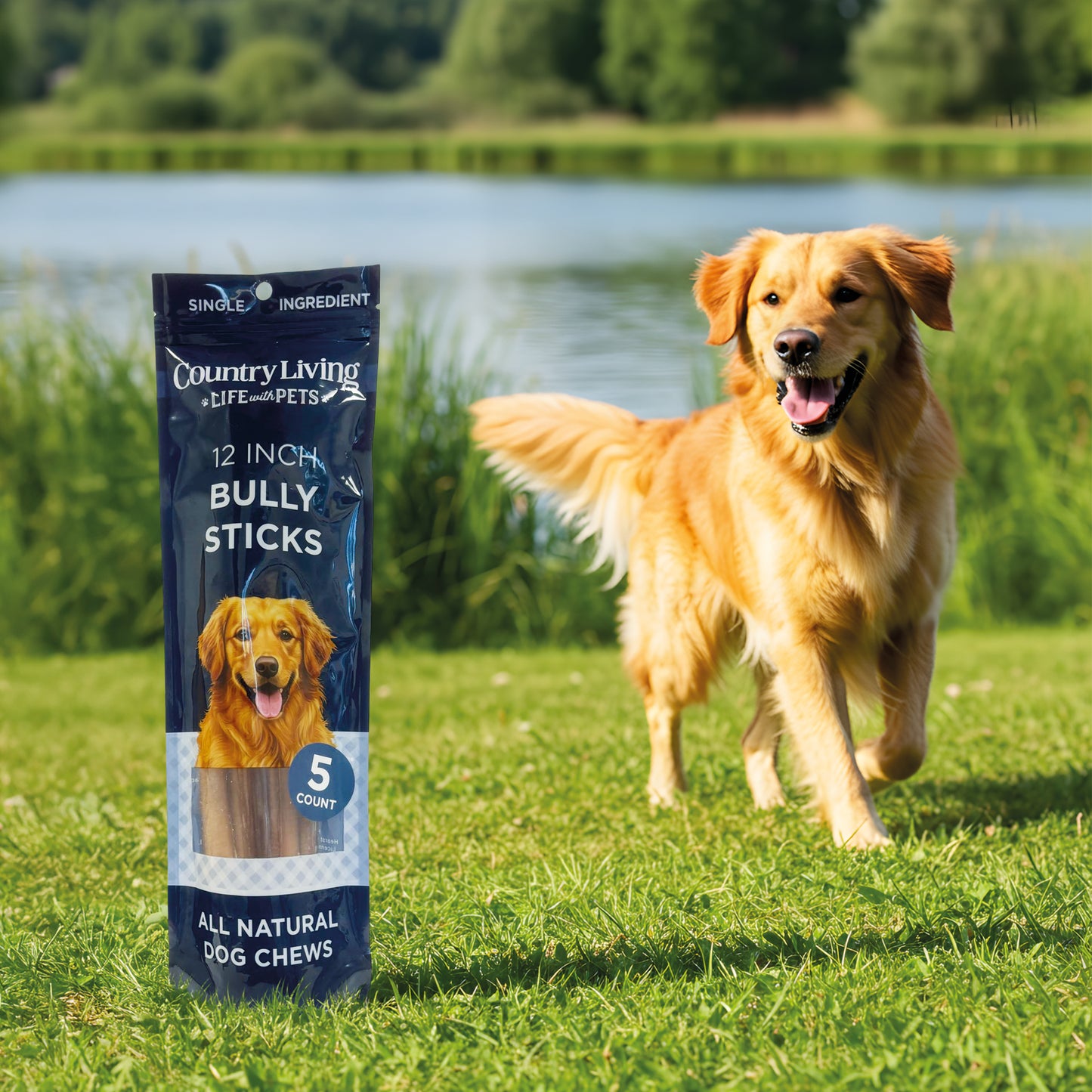Country Living 12” Bully Sticks for Dogs – Standard – 5 Count Bag – All-Natural, Single-Ingredient, Long-Lasting Dog Chews