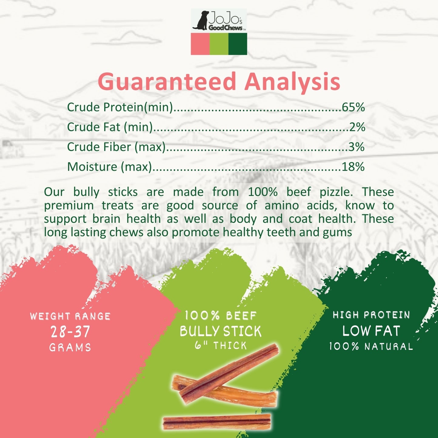6 inch thick beef bully sticks dog treats, 3 per bag