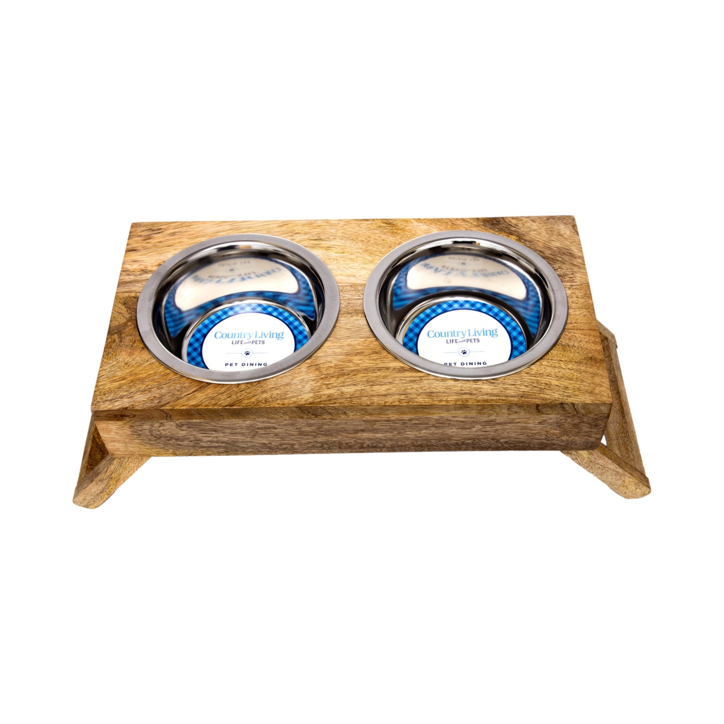 Country Living Elevated Mango Wood Dog Feeder with 2 Stainless Steel Bowls – Natural Polished Finish
