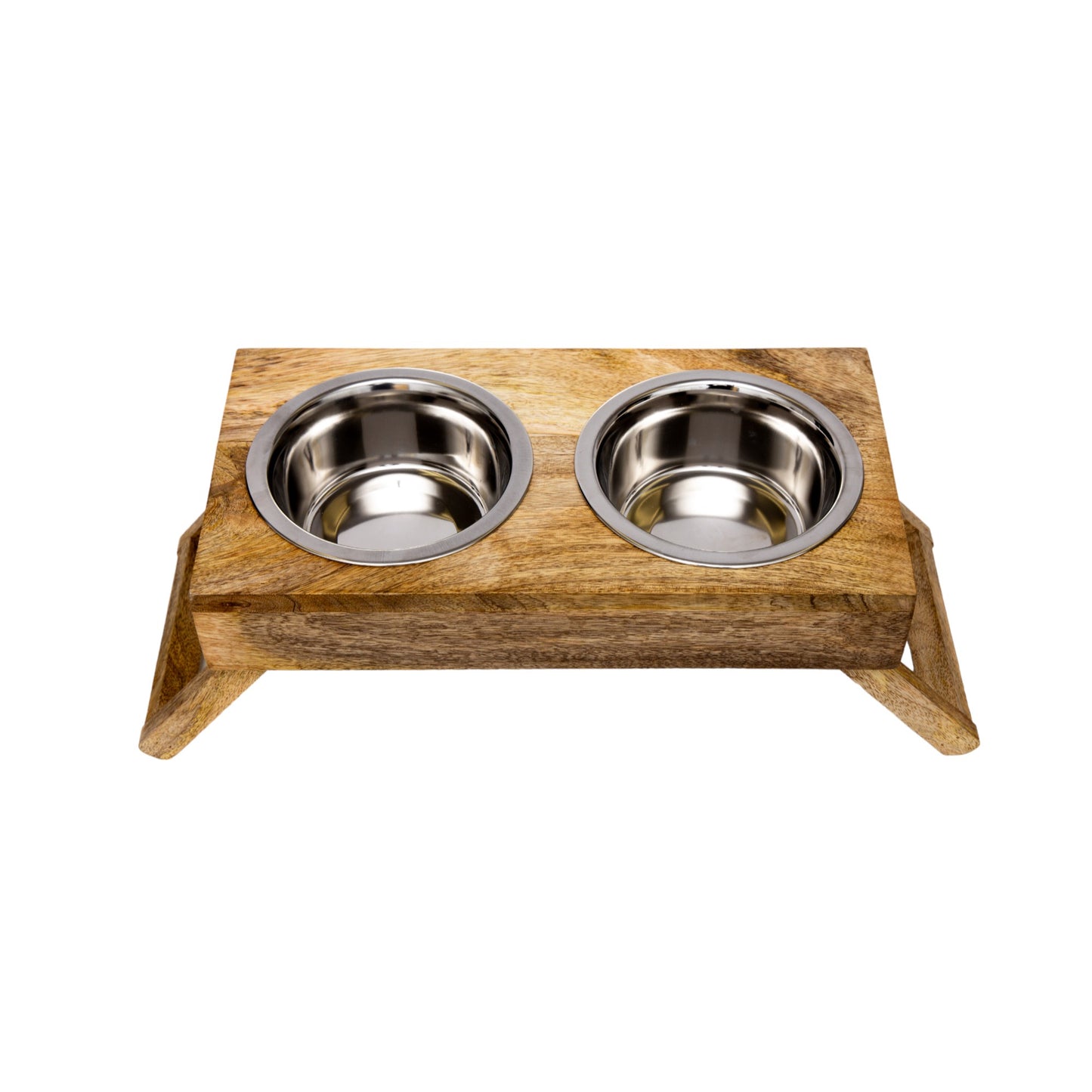 Country Living Elevated Mango Wood Dog Feeder with 2 Stainless Steel Bowls – Natural Polished Finish