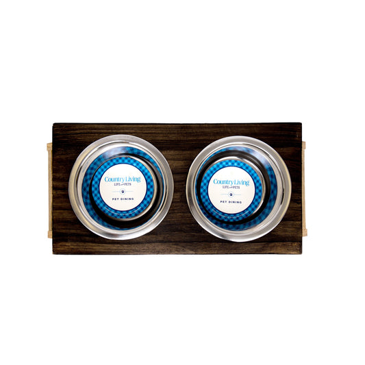 Country Living Elevated Mango Wood Dog Feeder with 2 Stainless Steel Bowls – Brown Polished Finish