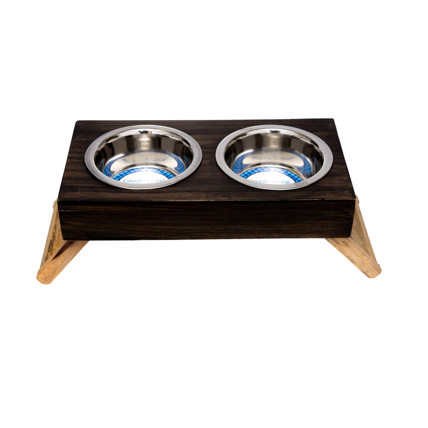 Country Living Elevated Mango Wood Dog Feeder with 2 Stainless Steel Bowls – Brown Polished Finish
