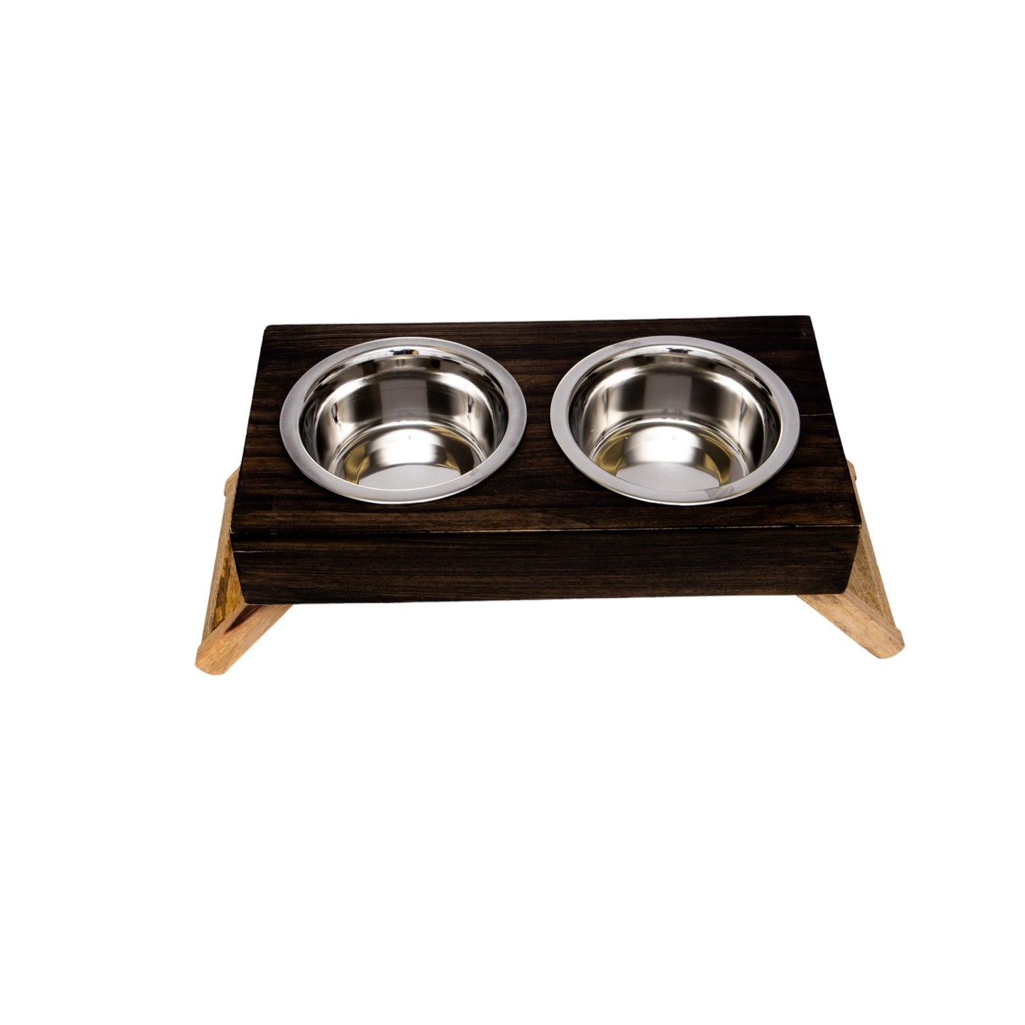 Country Living Elevated Mango Wood Dog Feeder with 2 Stainless Steel Bowls – Brown Polished Finish