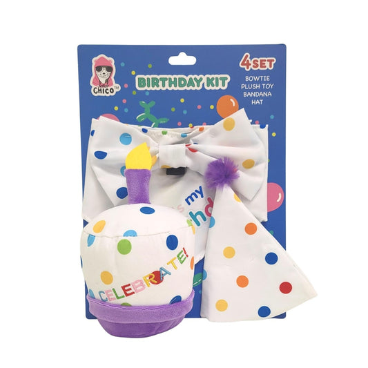 Dog Birthday 4 piece Kit: Bandana, Hat, Bow Tie, Cupcake Plush Toy