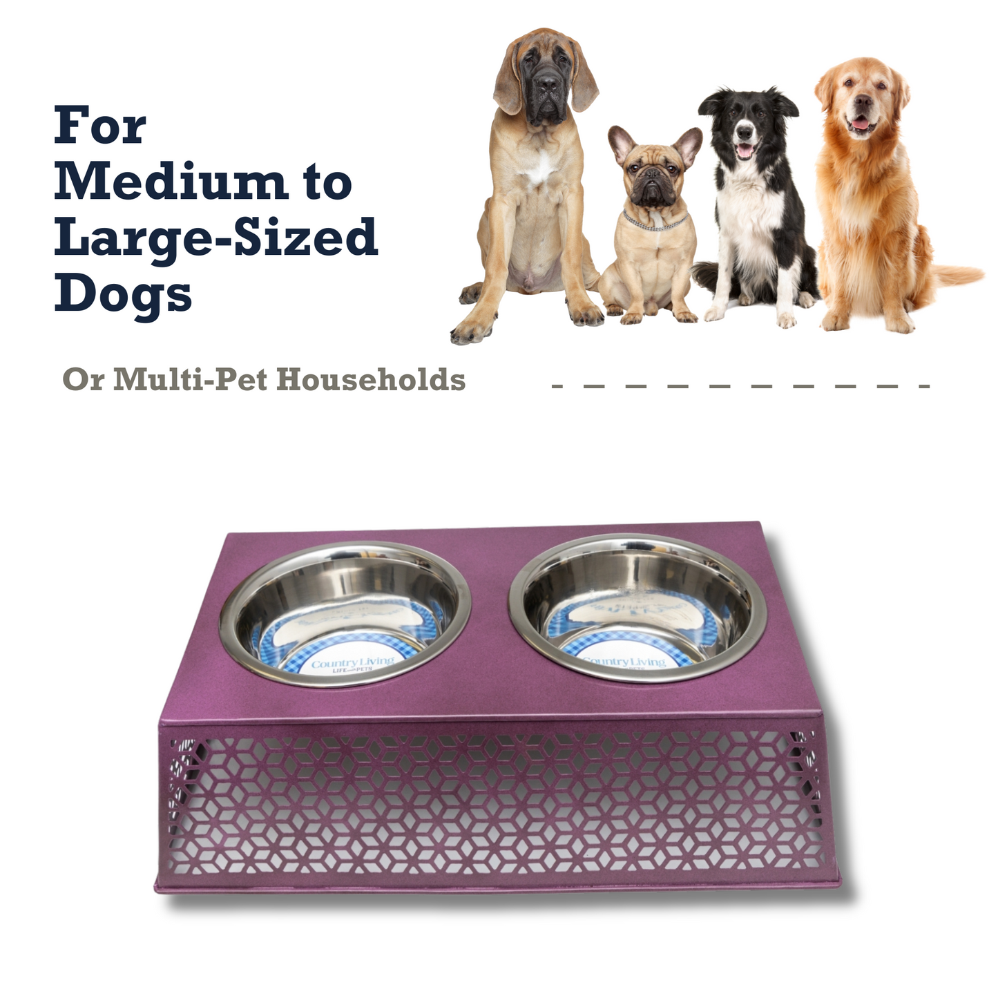 Country Living Elevated Dog Feeder with 2 Stainless Steel Bowls (32oz each) – Ideal for Medium to Large Dogs – Plum Wine