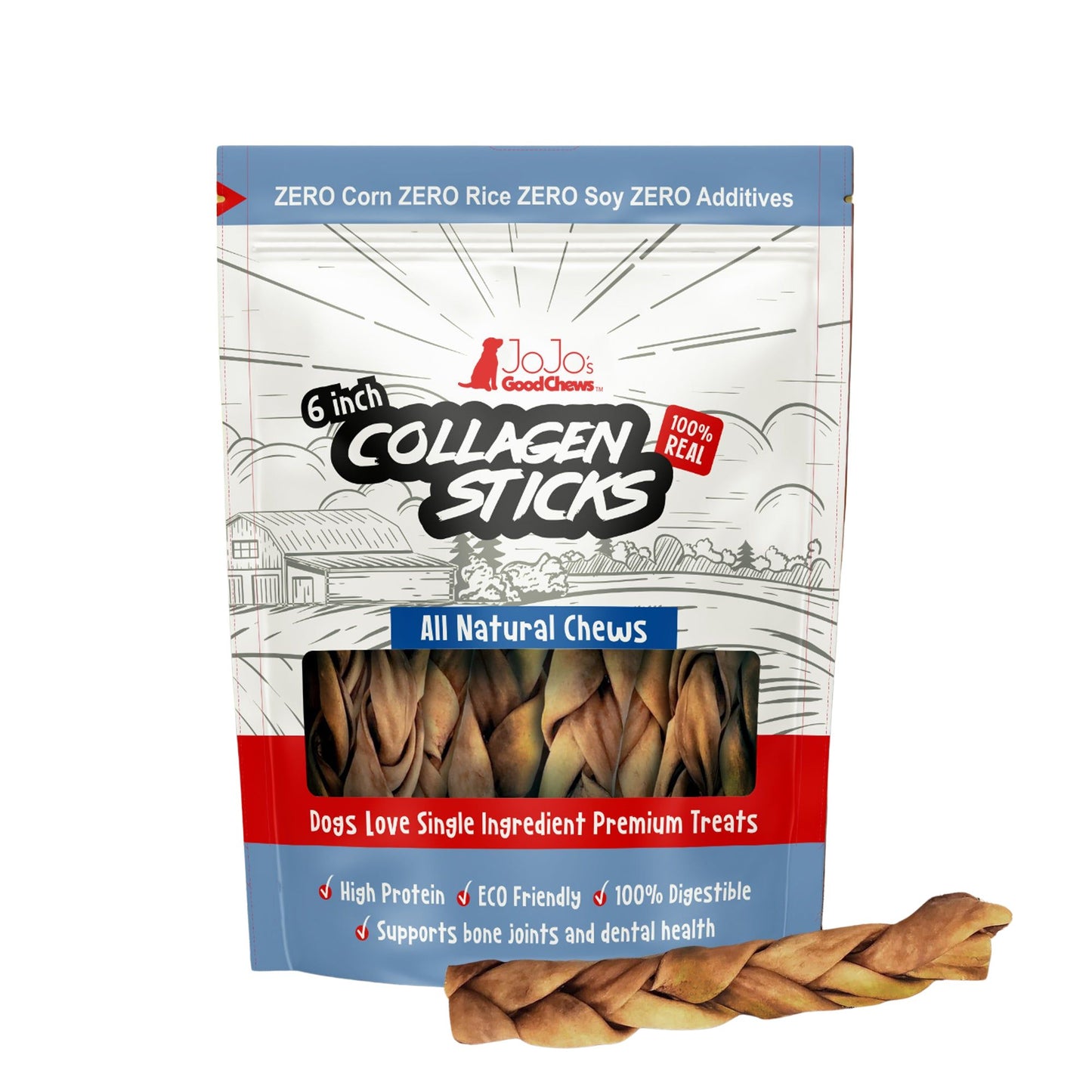 All-Natural Braided Collagen Stick Dog Treats, Supports Joint, Skin & Coat Health – 6-Inch Standard (4-Pack)