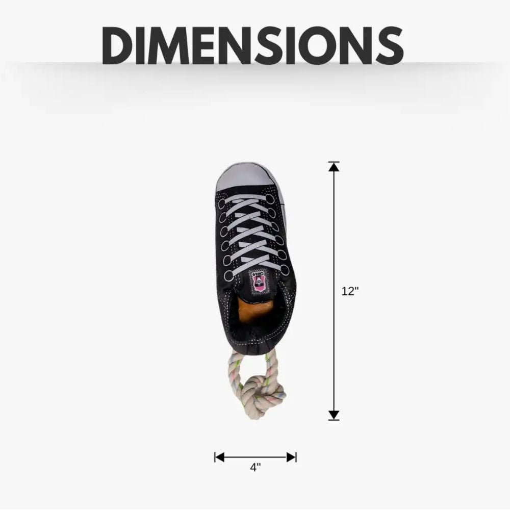 Black plush sneaker dog toy with squeaker