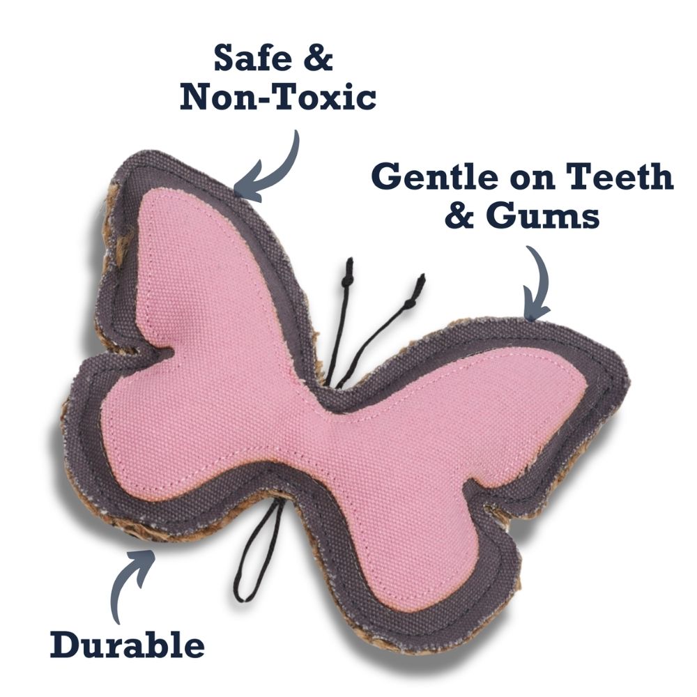 Butterfly-shaped canvas and jute dog chew toy