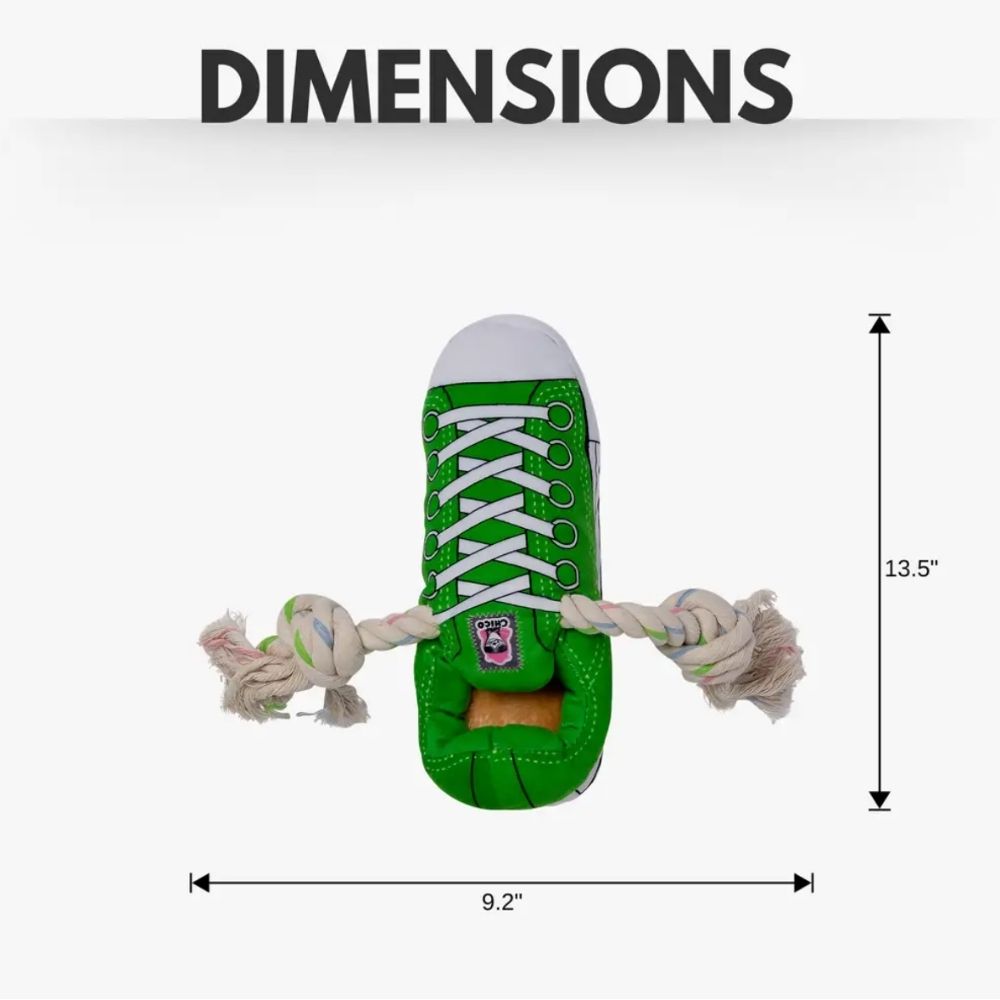 Green squeaking comfort plush sneaker dog toy