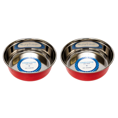 Country Living Set of 2 Heavy Gauge Non Skid Stainless Steel Dog Bowls