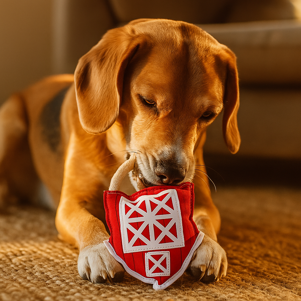 Country Living Dog Toy Set, 3-Piece Faux Leather Collection in Red Barn, Green Tractor and Blue Pickup Truck Designs - Durable Construction