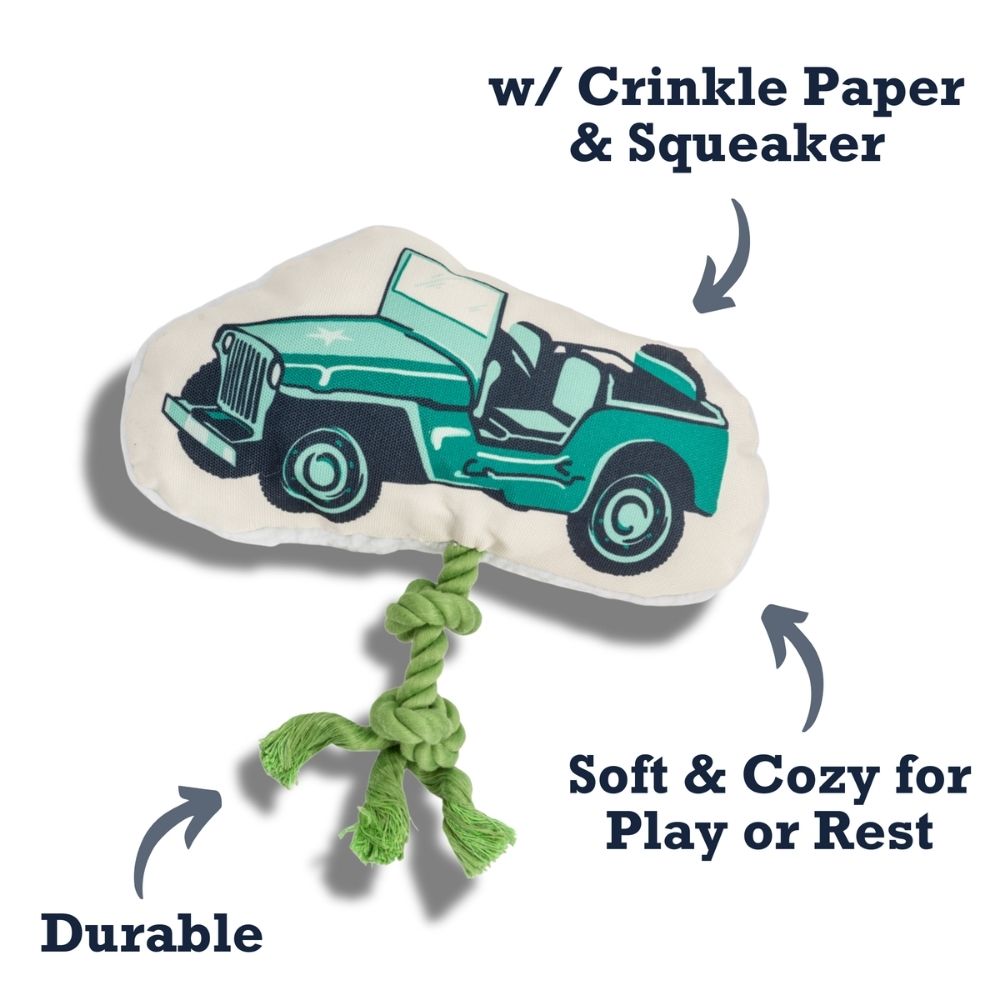 Plush dog toy shaped like a retro army jeep