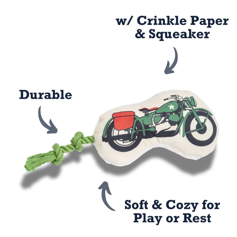 Plush dog toy shaped like a retro army motorcycle