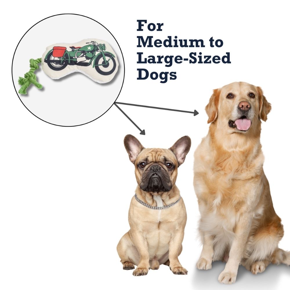 Plush dog toy shaped like a retro army motorcycle