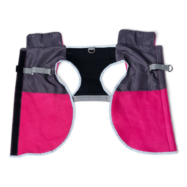 fuchsia thermal dog fleece jacket with integrated harness