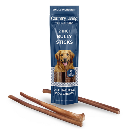 Country Living 12” Bully Sticks for Dogs – Standard – 5 Count Bag – All-Natural, Single-Ingredient, Long-Lasting Dog Chews