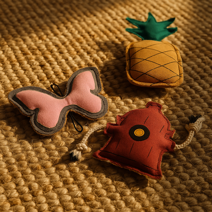 Country Living Dog Chew Toy Set - 3-Piece Canvas & Jute Toys in Pineapple, Fire Hydrant & Butterfly Shapes - Durable, Natural Fibers for Small & Medium Dogs