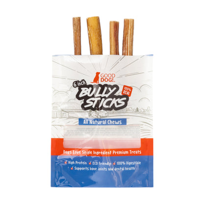 6 inch standard beef bully sticks 4 per bag all natural single ingredient dog chews