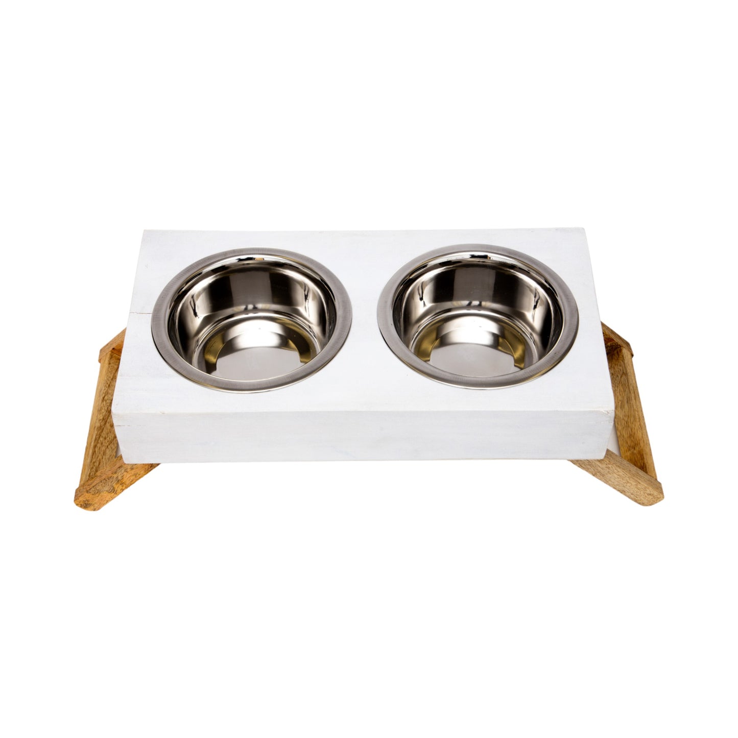 Country Living Elevated Wood Dog Feeder with 2 Stainless Steel Bowls – Solid Mango Wood with Distressed White Polished Finish, Foldable Legs