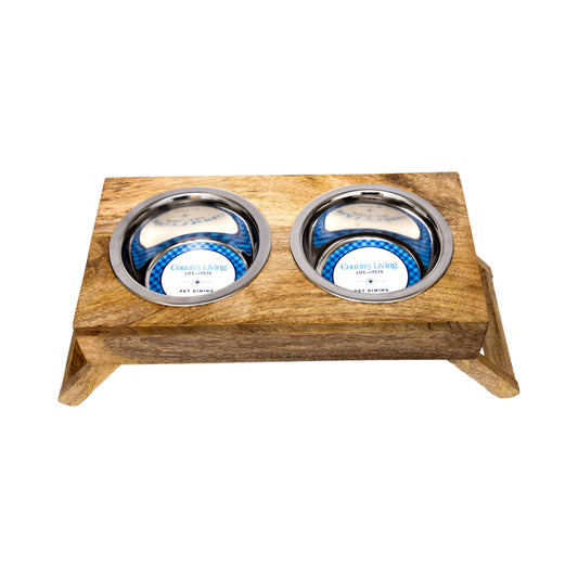 Country Living Elevated Mango Wood Dog Feeder with 2 Stainless Steel Bowls – Natural Polished Finish