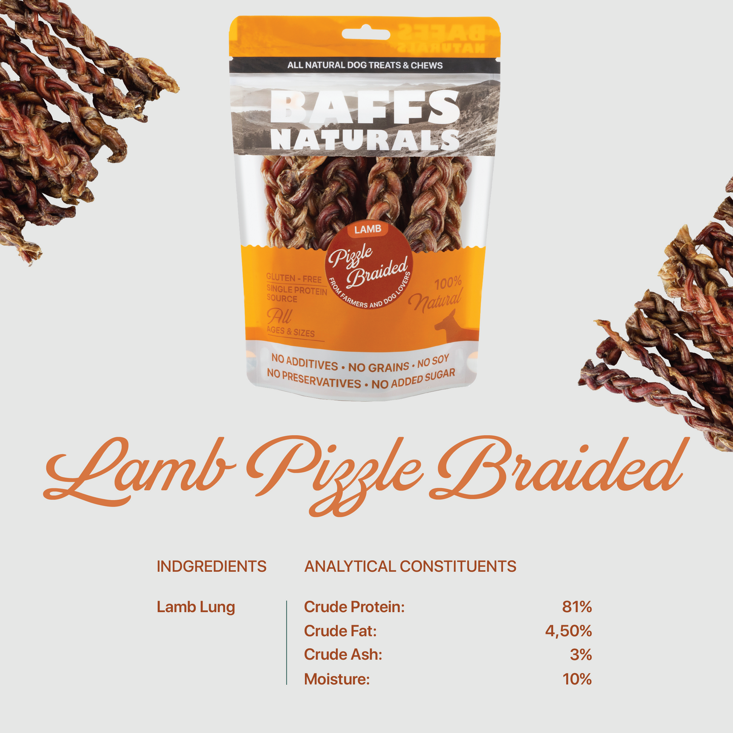 BAFFS NATURALS Braided Lamb Pizzle Chews – Long-Lasting, All-Natural Dog Treats (8oz Bag)