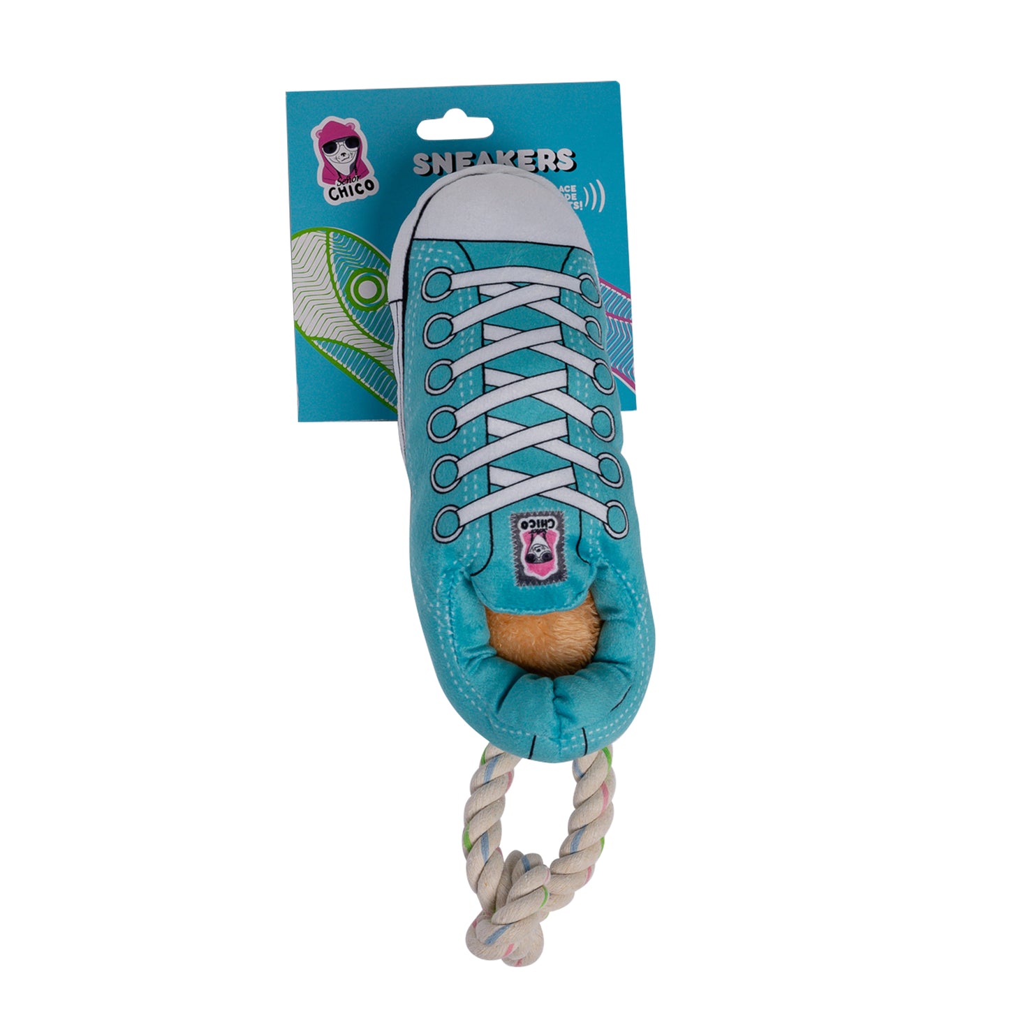 Squeaking Comfort Plush Sneaker Dog Toy – Rope, Squeaker & Treat Compartment, Safe & Durable – Blue