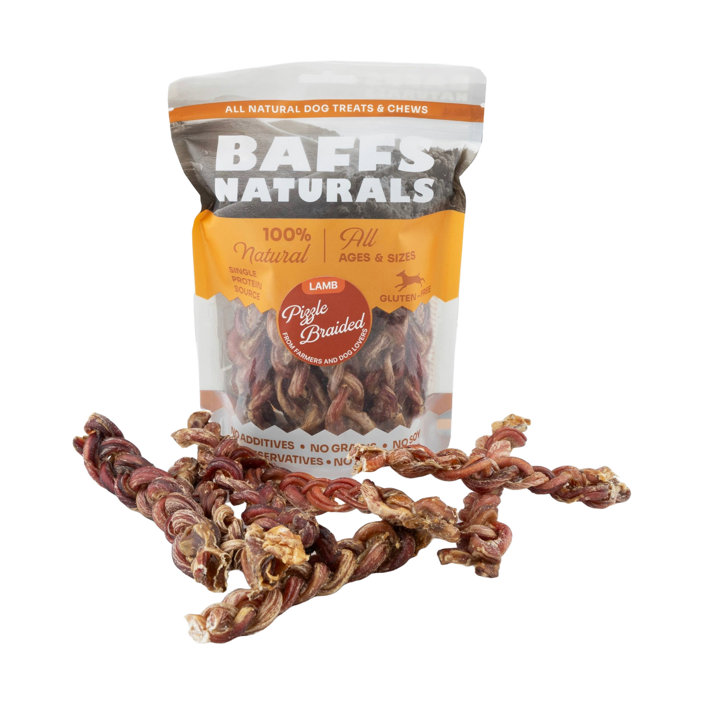 BAFFS NATURALS Braided Lamb Pizzle Chews – Long-Lasting, All-Natural Dog Treats (8oz Bag)