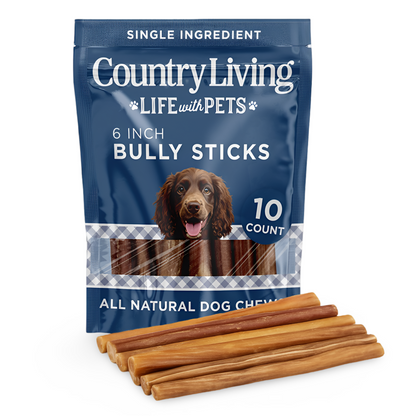Country Living 6” Bully Sticks for Dogs – 5 Thin & 5 Standard – 10 Count Bag – All-Natural, Single-Ingredient, Long-Lasting Dog Chews