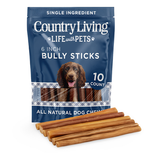 Country Living 6” Bully Sticks for Dogs – Standard – 10 Count Bag – All-Natural, Single-Ingredient, Long-Lasting Dog Chews – High-Protein, Grain-Free, Rawhide-Free –Supports Dental Health