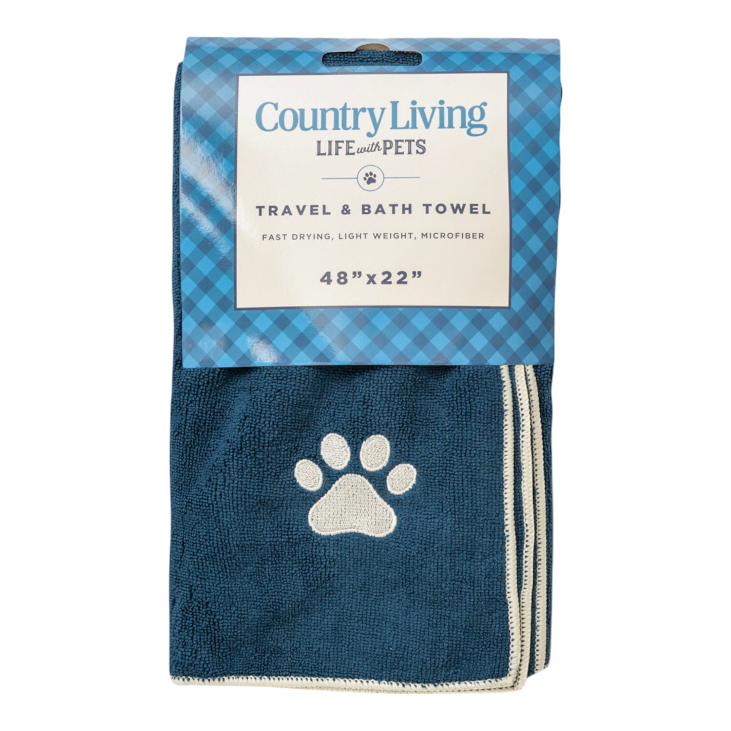 Country Living Large Marine Blue Microfiber Dog Bath Towel - Quick-Drying, Absorbent, and Durable, Machine Washable, Embroidered Paw Print, 48" x 22" - Perfect for All Dog Sizes and Fur Types