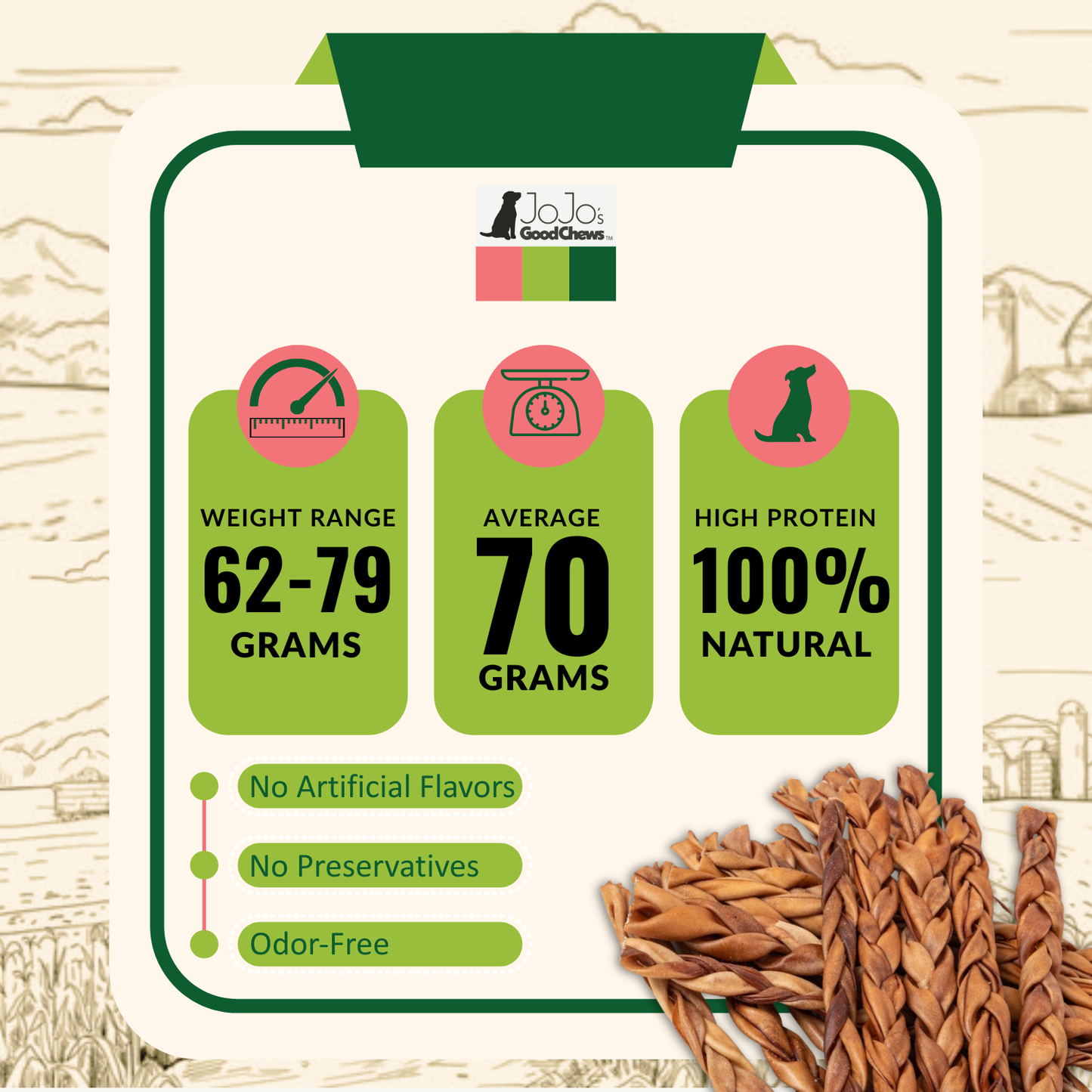 All-Natural Braided Collagen Stick Dog Treats, Supports Joint, Skin & Coat Health – 12-Inch Standard (25/Case)