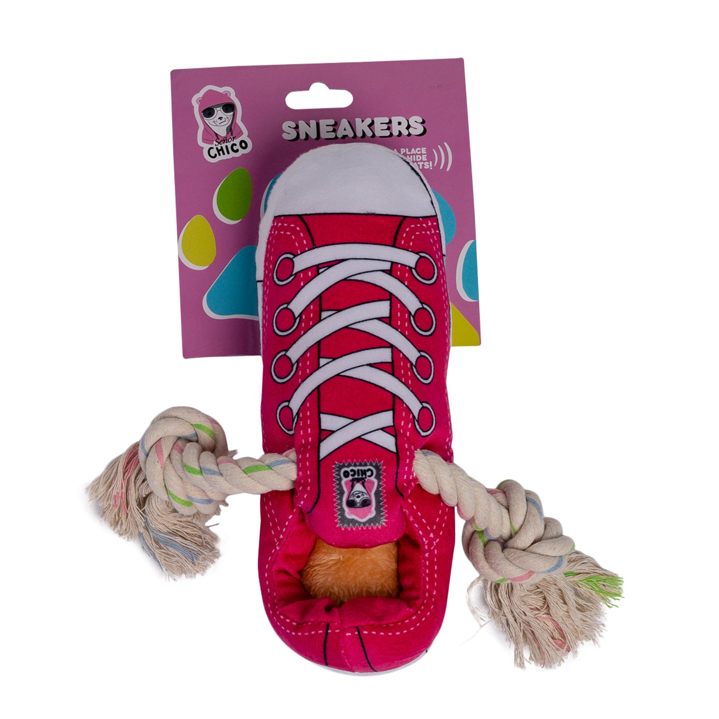 Squeaking Comfort Plush Sneaker Dog Toy – Rope, Squeaker & Treat Compartment, Safe & Durable – Pink