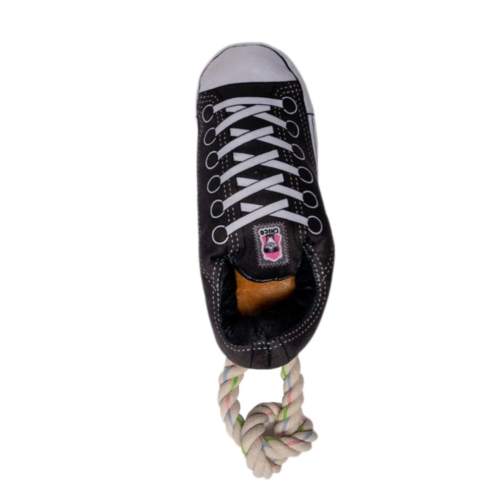 Black plush sneaker dog toy with squeaker