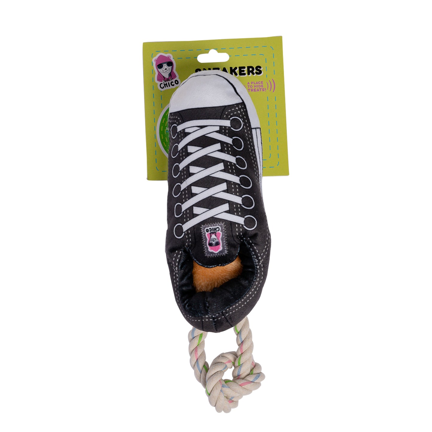 Black plush sneaker dog toy with squeaker
