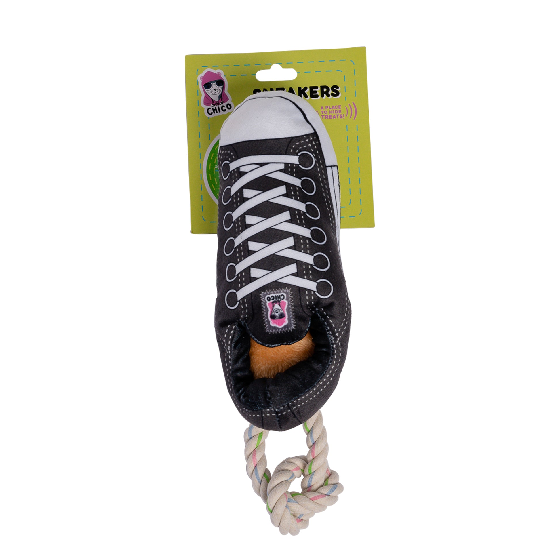 Black plush sneaker dog toy with squeaker