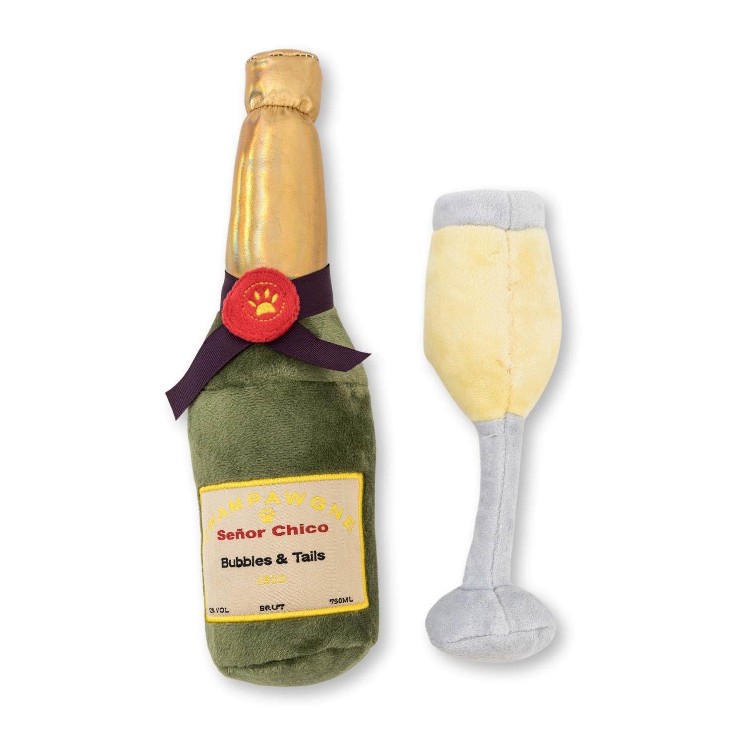 Champagne themed plush dog toy combo with crinkle and squeaker
