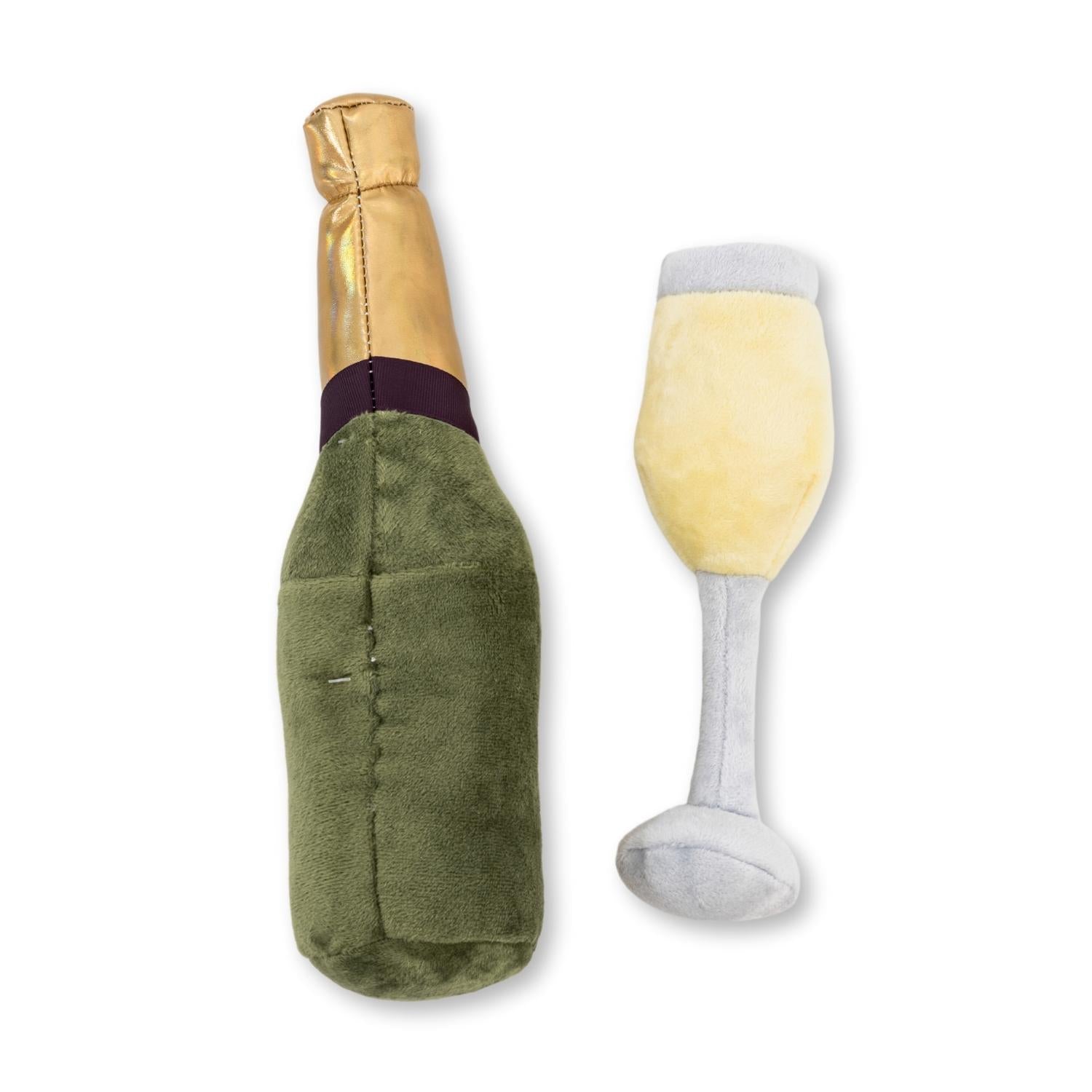 Champagne themed plush dog toy combo with crinkle and squeaker