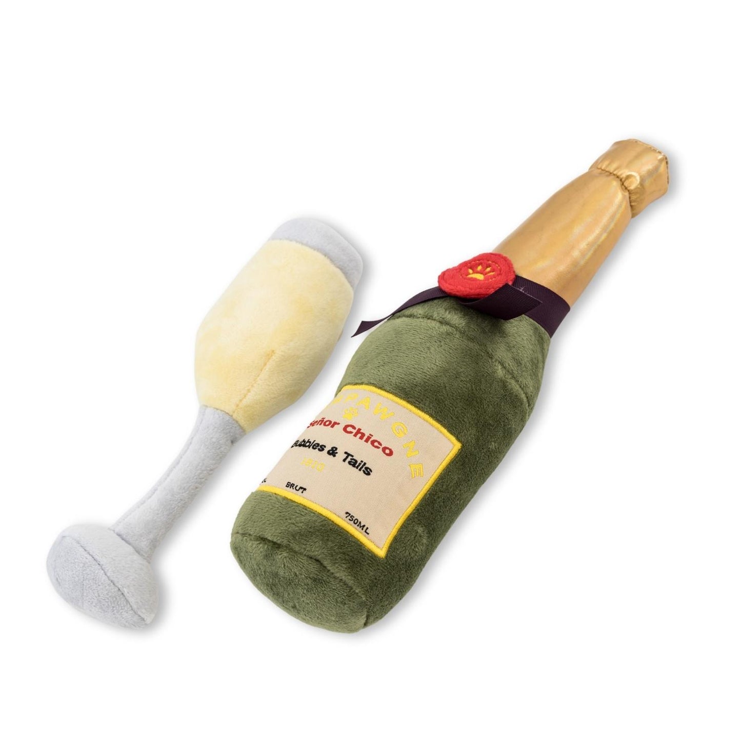 Champagne themed plush dog toy combo with crinkle and squeaker