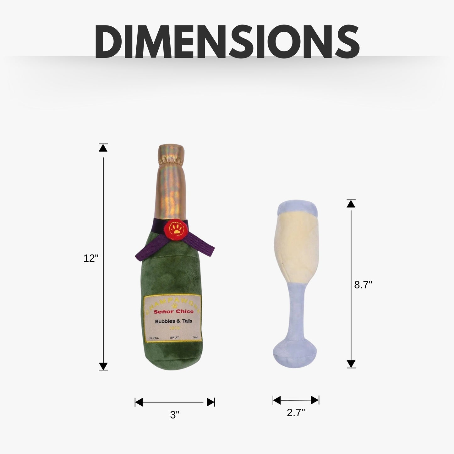 Champagne themed plush dog toy combo with crinkle and squeaker