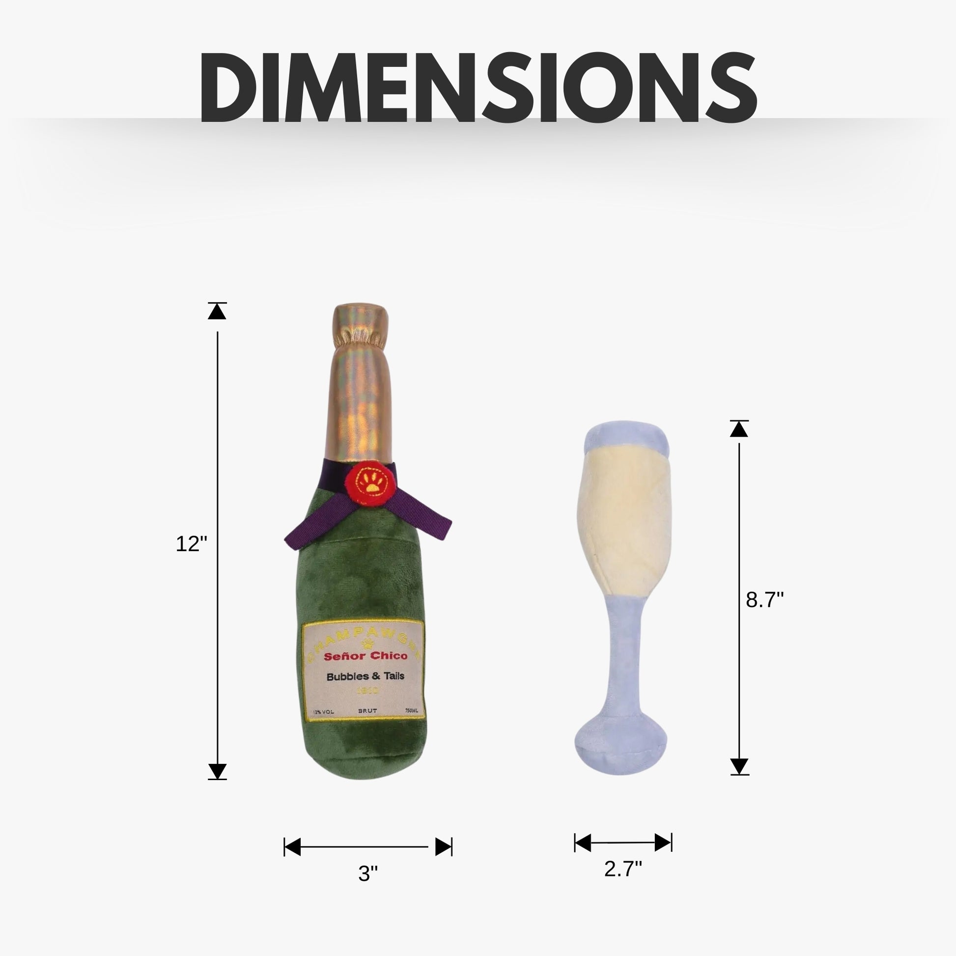 Champagne themed plush dog toy combo with crinkle and squeaker