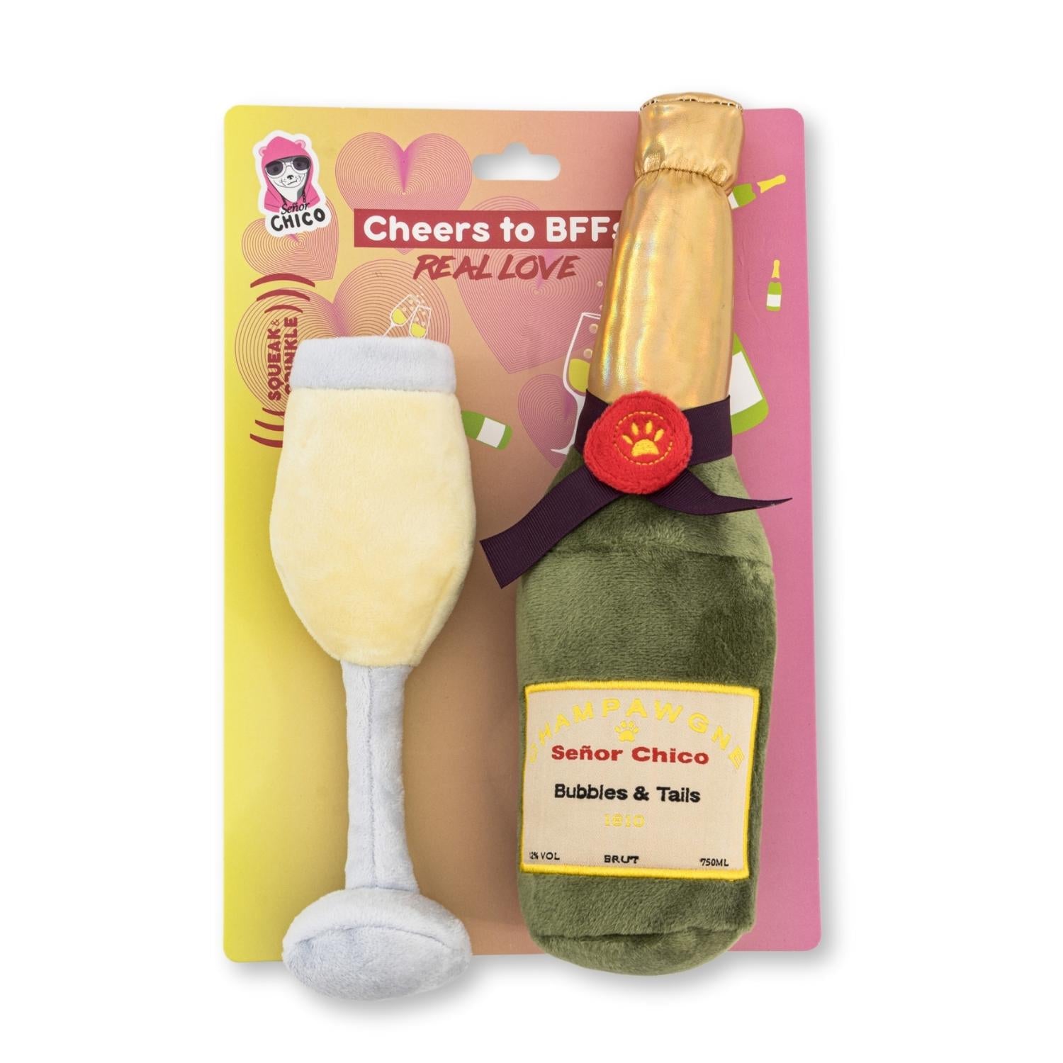 Champagne themed plush dog toy combo with crinkle and squeaker