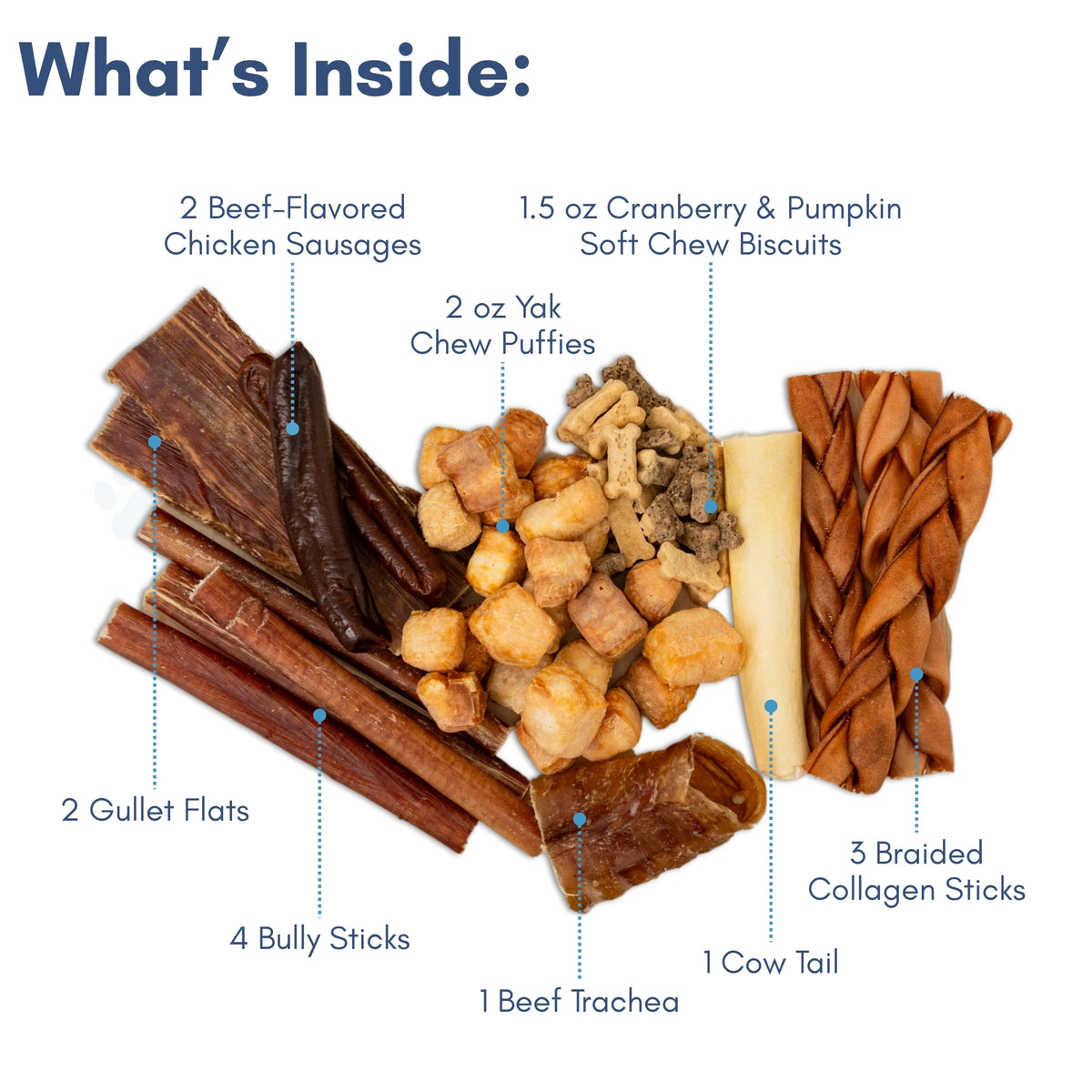 Country Living Bark-Uterie Board dog treat assortment with bully sticks, gullet flats, cow tail, chicken sausages, beef trachea, braided collagen sticks, yak chew puffies, and soft chew biscuits arranged on a rustic wood-look cardboard board.