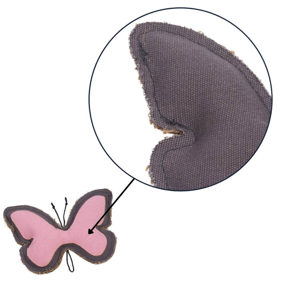 Butterfly-shaped canvas and jute dog chew toy