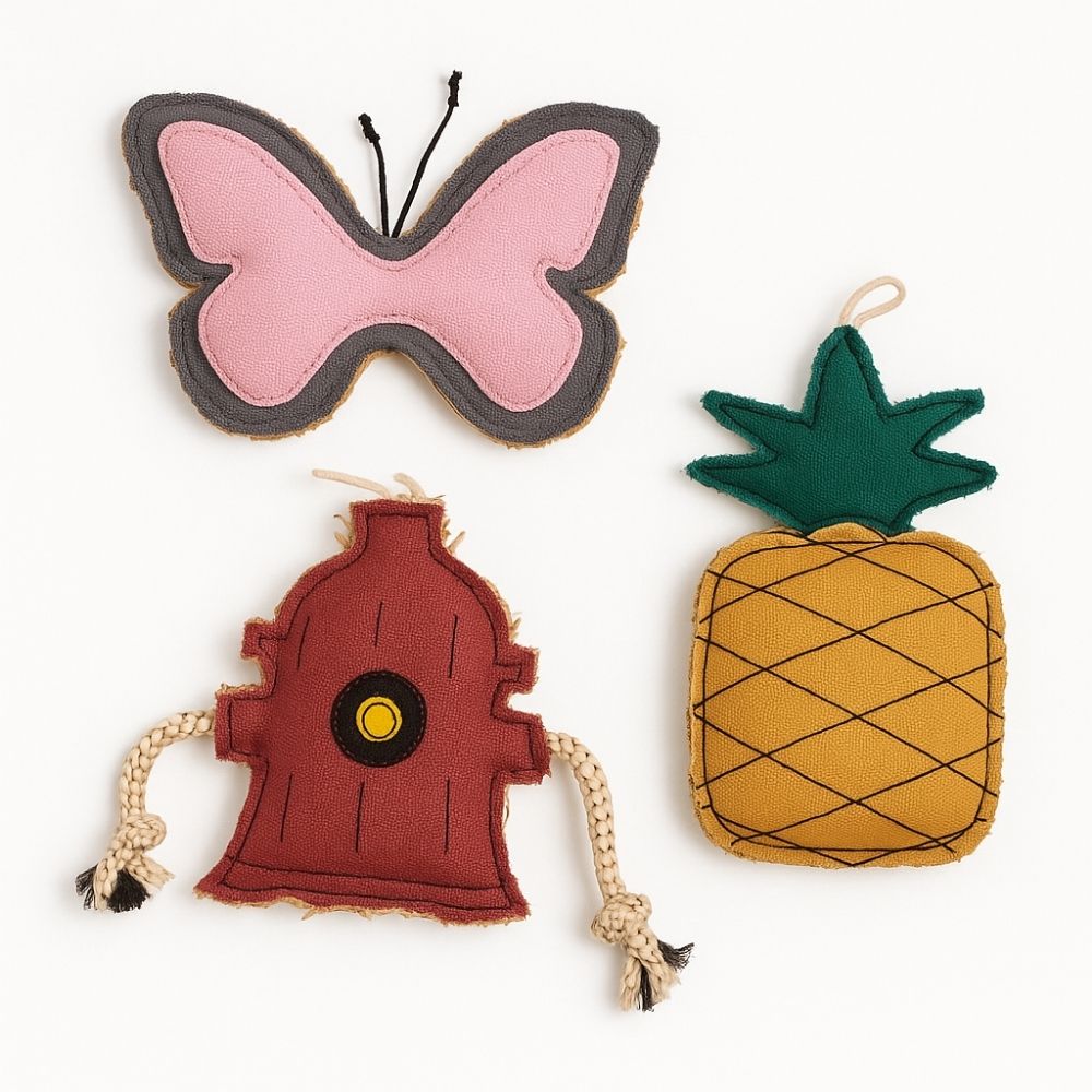 Country Living 3 piece dog toy set with pineapple fire hydrant and butterfly canvas toys