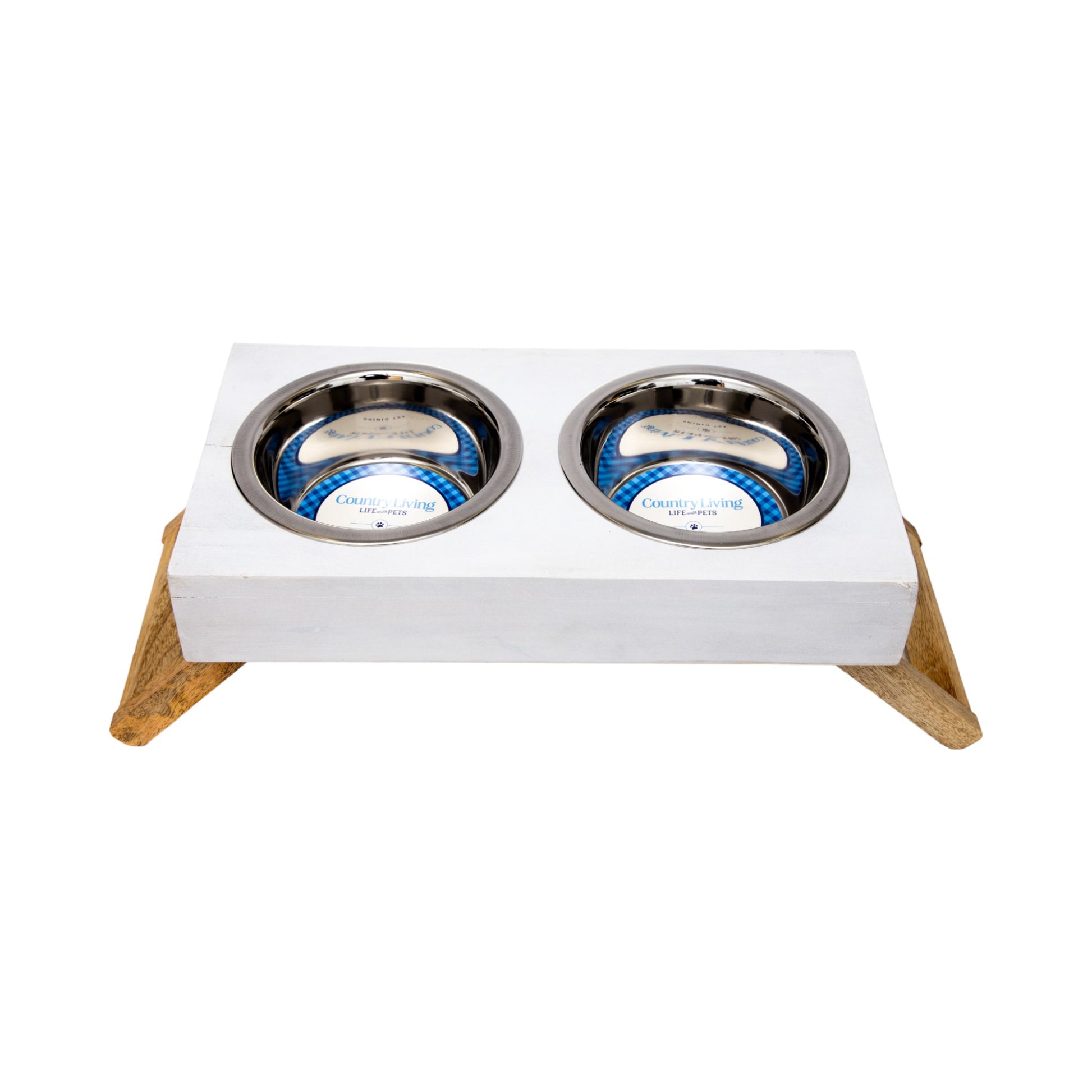 Eco-friendly elevated wood dog feeder in distressed white