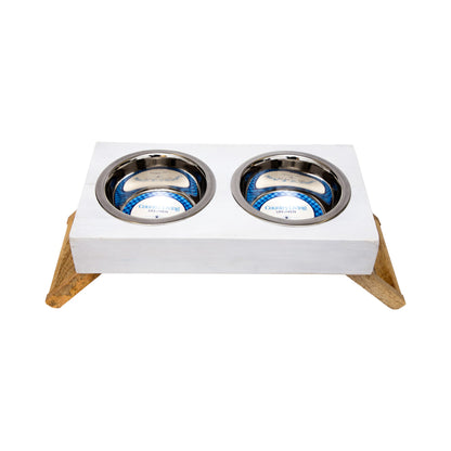 Eco-friendly elevated wood dog feeder in distressed white