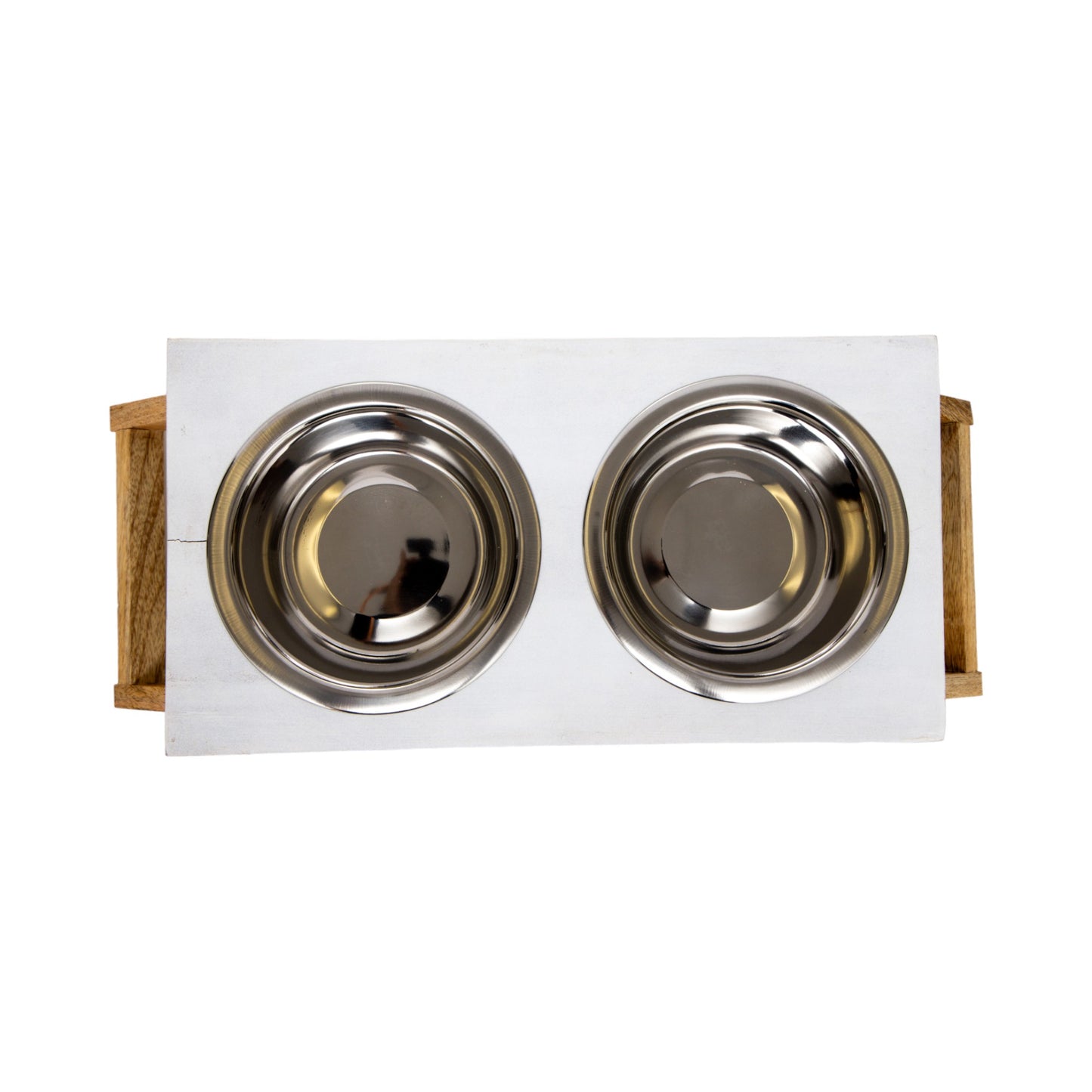 Eco-friendly elevated wood dog feeder in distressed white