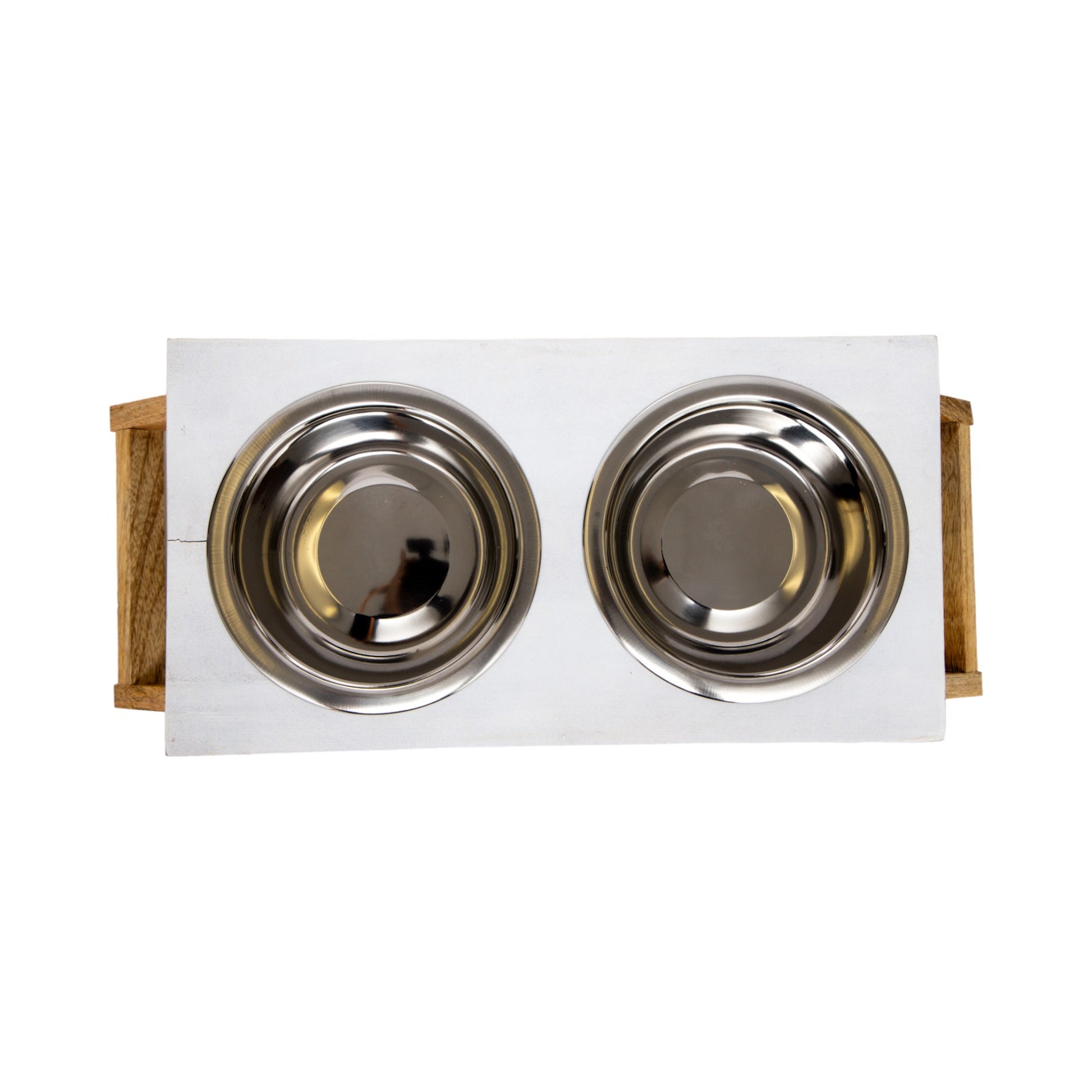 Eco-friendly elevated wood dog feeder in distressed white