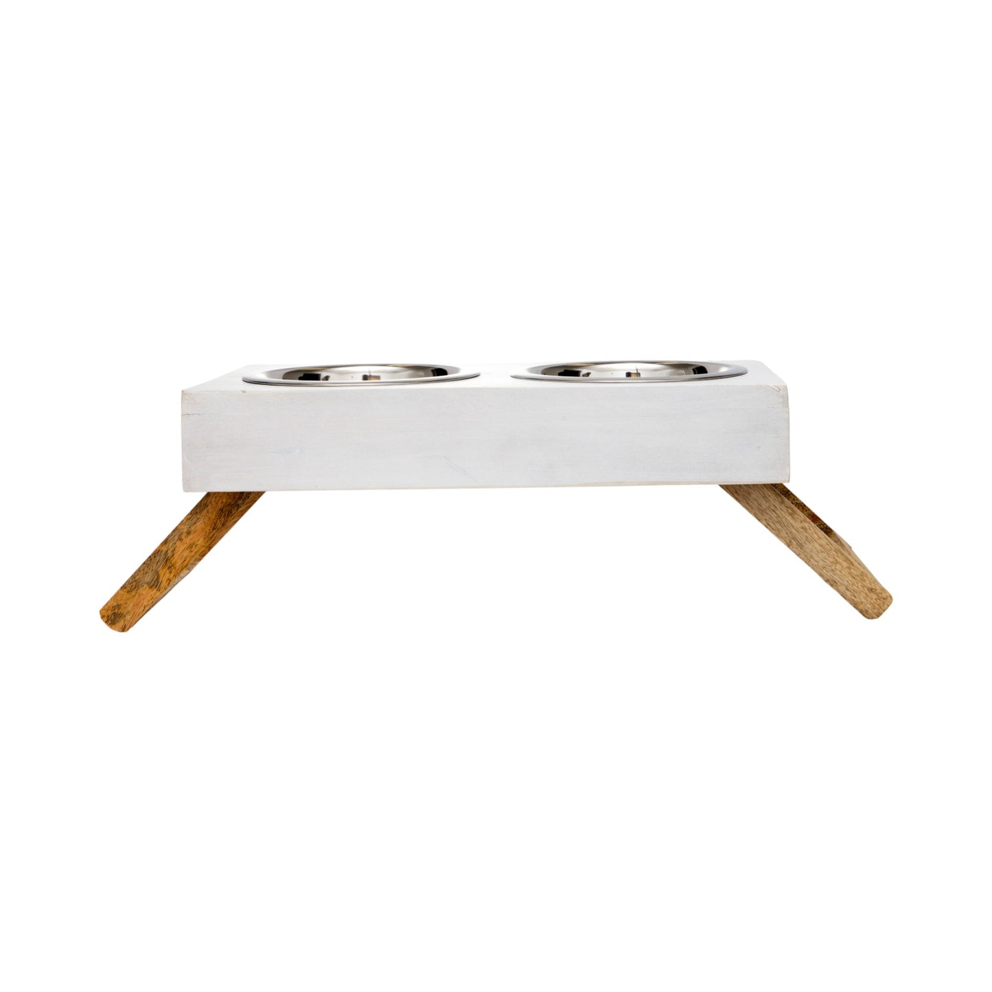 Eco-friendly elevated wood dog feeder in distressed white